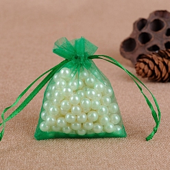 Green Organza Jewellery Storage Pouches, Wedding Favour Party Mesh Drawstring Gift Bags, Rectangle, Green, 9x7cm