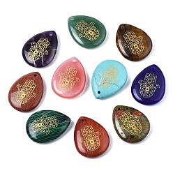 Mixed Stone Natural & Synthetic Gemstone Pendants, Teardrop with Hamsa Hand Pattern, 32~33.5x25~26x6.5~7.5mm, Hole: 2mm, 6pcs/bag