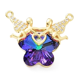 Blue Violet Glass Pendants, Butterfly Charms, with Real 18K Gold Plated Rack Plating Brass Micro Pave Clear Cubic Zirconia Angel, Long-Lasting Plated, Cadmium Free & Lead Free, Blue Violet, 23.5x29x12mm, Hole: 1.6mm