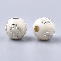 Beige Perles acryliques plaquées, métal argenté enlaça, ronde avec la croix, beige, 8mm, trou: 2 mm, environ 1800 pcs / 500 g