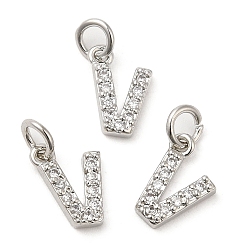 Real Platinum Plated Brass Micro Pave Grade AAA Cubic Zirconia Charms, Letter V, Cadmium Free & Nickel Free & Lead Free, Real Platinum Plated, 9x6x1.5mm, Hole: 2mm