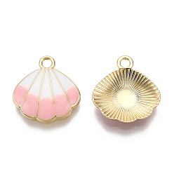 Pink Alloy Pendants, with Enamel, Shell Shape, Light Gold, Pink, 18x17x3mm, Hole: 1.8mm