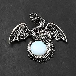 Opalite Opalite Big Pendants, Dragon Charms, with Rack Plating Antique Silver Tone Alloy Findings, Cadmium Free & Lead Free, 49x56x12mm, Hole: 6~6.5mm
