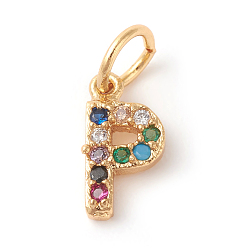 Letter P Brass Micro Pave Colorful Cubic Zirconia Charms, Golden, Letter.P, 9x5x2mm, Hole: 3mm