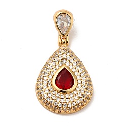 Red Brass Micro Pave Cubic Zirconia Pendants, Long-Lasting Plated, Real 18K Gold Plated, Teardrop, Red, 42mm, Hole: 8x4mm