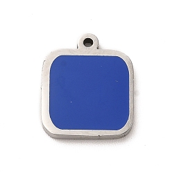 Blue 304 Stainless Steel Enamel Pendants, Square Charm, Stainless Steel Color, Blue, 13x11x1.4mm, Hole: 1mm