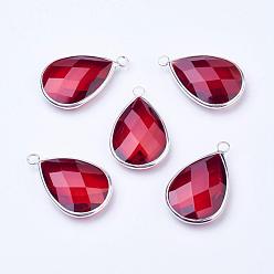 Dark Red Silver Color Plated Brass Glass Teardrop Pendants, Faceted, Dark Red, 18x10x5mm, Hole: 2mm