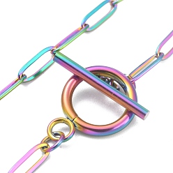 Rainbow Color Ion Plating(IP) 304 Stainless Steel Paperclip Chain Bracelets, with Toggle Clasps, Rainbow Color, 7-5/8 inch(19.4cm)