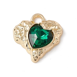Dark Green Alloy Pendants, with Glass, Golden, Heart Charm, Dark Green, 18x17x5.5mm, Hole: 2.5mm