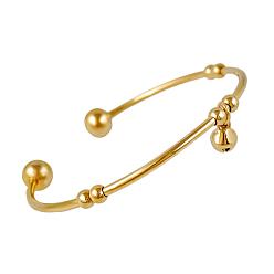 Golden Beautiful Design Real 18K Gold Plated Brass Charm Torque Cuff Bangle, with Small Bell Charm, 60mm