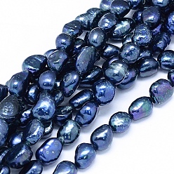 Marine Blue Dyed Natural Cultured Freshwater Pearl Beads Strands, Oval, Marine Blue, 10~15x6~10mm, Hole: 0.8mm, about 30~34pcs/strand, 14.1 inch(36cm)
