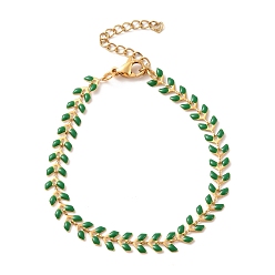 Sea Green Enamel Ear of Wheat Link Chains Bracelet, Vacuum Plating 304 Stainless Steel Jewelry for Women, Sea Green, 6-7/8 inch(17.6cm)