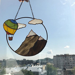 Coffee Acrylic Pendant Decorations, Window Hanging Suncatcher, Flat Round with Mountain & Hot Air Balloon Pattern, Coffee, 150x2mm