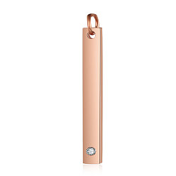 Oro Rosa 201 colgantes de etiqueta de barra de acero inoxidable, con diamante de imitación, Rectángulo, cristal, oro rosa, 32x3.7x1.5 mm, agujero: 3 mm