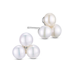White SHEGRACE Rhodium Plated 925 Sterling Silver Ear Studs, with Three Freshwater Pearl, Platinum, White, 11x11mm
