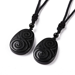 Obsidian Adjustable Natural Obsidian Teardrop with Spiral Pendant Necklace with Nylon Cord for Women, 35.43 inch(90cm)