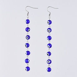 Stainless Steel Dangle Earrings, with Handmade Evil Eye Lampwork Beads, 316 Surgical Stainless Steel Earring Hooks and Iron Pins, Blue, 110mm, Pin: 0.8mm