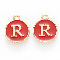 Letter R Golden Plated Enamel Alloy Charms, Enamelled Sequins, Flat Round, Red, Letter.R, 14x12x2mm, Hole: 1.5mm, 100pcs/Box
