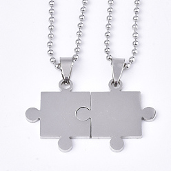Stainless Steel Color Valentine's Day Theme 304 Stainless Steel Pendants Necklaces, with Ball Chains, Puzzle, Stainless Steel Color, 23.8 inch(60.5cm), 0.25cm, 2pcs/set