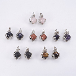 Mixed Stone Natural & Synthetic Mixed Stone Pendants, with Platinum Tone Brass Findings, Dragon, 43x28x26.5mm, Hole: 3x6mm
