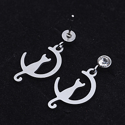 Stainless Steel Color 201 Stainless Steel Kitten Dangle Stud Earrings, with Clear Cubic Zirconia, Crescent Moon with Cat, Stainless Steel Color, 23mm, Pin: 0.8mm
