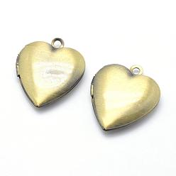 Brushed Antique Bronze Brass Locket Pendants, Photo Frame Charms for Necklaces, Cadmium Free & Nickel Free & Lead Free, Heart, Brushed Antique Bronze, 22x19x5mm, Hole: 2mm, Inner Size: 13.5x11mm