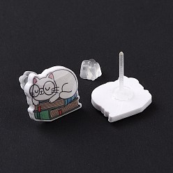 White Acrylic Cat Stud Earrings with Platic Pins for Women, White, 12x14mm, Pin: 1mm