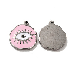 Pink 304 encantos de acero inoxidable, con esmalte, plano y redondo con mal de ojo, color acero inoxidable, rosa, 21x18.5x2.5 mm, agujero: 1.4 mm