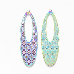 Rainbow Color Ion Plating(IP) 304 Stainless Steel Filigree Big Pendants, Etched Metal Embellishments, Oval with Flower, Rainbow Color, 55x17x0.3mm, Hole: 1.2mm