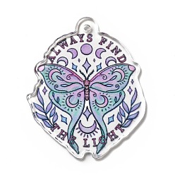 Butterfly Halloween Printed Acrylic Pendants, Word Always Find The Light, Butterfly Pattern, 43x35x2.3mm, Hole: 2.3mm