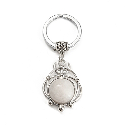 Cristal de Quartz Porte-clés pendentif en cristal de quartz naturel, plat rond, avec les accessoires en laiton, argent antique et platine, 65~66mm