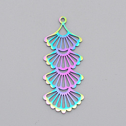 Rainbow Color Ion Plating(IP) 201 Stainless Steel Pendants, Laser Cut, Fan, Rainbow Color, 41x17x1mm, Hole: 1.6mm