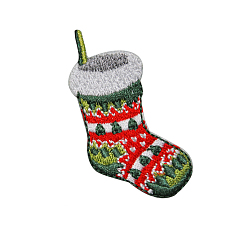 Christmas Socking Parches autoadhesivos de tela de bordado computarizado con temas navideños, pegar en parche, accesorios de vestuario, apliques, calcetines de navidad, 55x34 mm