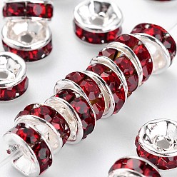 Siam Brass Rhinestone Spacer Beads, Grade A, Straight Flange, Silver Color Plated, Rondelle, Siam, 6x3mm, Hole: 1mm