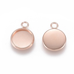 Rose Gold 201 Stainless Steel Pendant Cabochon Settings, Plain Edge Bezel Cups, Flat Round, Rose Gold, Tray: 8mm, 13.5x10x2mm, Hole: 2mm