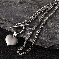 Stainless Steel Color Valentine's Day Heart 304 Stainless Steel Lariat Necklaces, with Textured Cable Chains & Toggle Clasps, Stainless Steel Color, 17.1 inch(43.5cm)