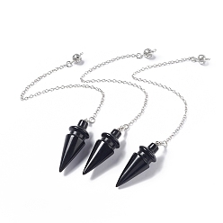 Obsidienne Pendules de radiesthésie pointus en obsidienne naturelle, avec placage à crémaillère apprêts en laiton plaqué platine, sans cadmium et sans plomb, cône, 230mm
