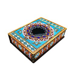 Cielo Azul Oscuro Caja de almacenamiento de pintura de diamantes diy con espejo, Caja de madera decorativa con estampado de flores de mandala desmontable, Rectángulo, cielo azul profundo, 200x150x45 mm