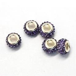 Tanzanite Alloy Glass Rhinestone European Beads, Large Hole Beads, Rondelle, Silver Color Plated, Tanzanite, 12.5x8mm, Hole: 5mm