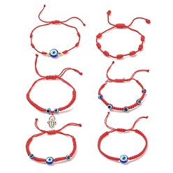Rouge 6 pcs 6 ensemble de bracelets de perles tressées en résine de style mauvais œil, bracelets réglables de charme d'alliage de main de hamsa pour des femmes, rouge, diamètre intérieur: 1-1/2~3 pouce (3.9~7.5 cm), 1 pc / style