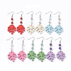 Mixed Stone Tropical Theme Monstera Leaf Poplar Wood Dangle Earrings, with Natural & Synthetic Gemstone Round Beads and 316 Surgical Stainless Steel Earring Hooks, 74mm, Pin: 0.7mm