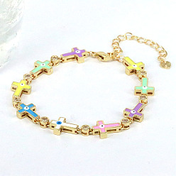 Colorful Enamel Cross with Evil Eye Link Chains Bracelet with Cubic Zirconia, Gold Plated Brass Jewelry for Women, Colorful, 9-1/2~10-1/4 inch(24~26cm)