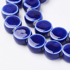 Blue Handmade Porcelain Beads, Bright Glazed Porcelain, Flat Round, Blue, 8~9x5mm, Hole: 2mm, about 40pc/strand, 12.56 inch(31.9cm)