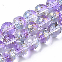 Medium Purple Transparent Spray Painted Glass Bead Strands, with Golden Foil, Round, Medium Purple, 8~9mm, Hole: 1.2~1.5mm, about 46~56pcs/Strand, 14.37 inch~16.3 inch(36.5~41.4cm)