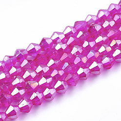 Magenta Electroplate Glass Beads Strands, AB Color, Faceted, Bicone, Magenta, 4~4.5x4mm, Hole: 1mm, about 92~96pcs/strand, 13.78~14.37 inch(35~36.5 cm) 