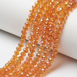 Orange Electroplate Transparent Glass Beads Strands, Half Rainbow Plated, Faceted, Rondelle, Orange, 4x3mm, Hole: 0.4mm, about 123~127pcs/strand, 16.5~16.9 inch(42~43cm)