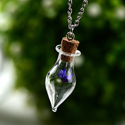 Mauve Dried Flower Inside Glass Wish Bottle Pendant Necklaces, Platinum Alloy Jewelry for Women, Mauve, 18.90 inch(48cm)