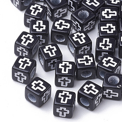 Black Craft Style Acrylic Beads, Cube with Cross, Black, 6x6x6mm, Hole: 3mm, about 3000pcs/500g