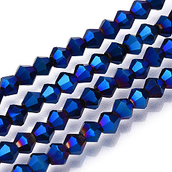 Azul Chapado Abalorios de vidrio electrochapdo, arco iris chapado, bicono facetados, azul chapado, 4x4.5 mm, agujero: 1 mm, sobre 92~96 unidades / cadena, 13.78~14.37 pulgada