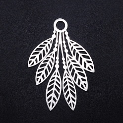 Stainless Steel Color 201 Stainless Steel Pendants, Filigree Joiners Findings, Laser Cut, Leaf, Stainless Steel Color, 49x35.5x1mm, Hole: 5mm